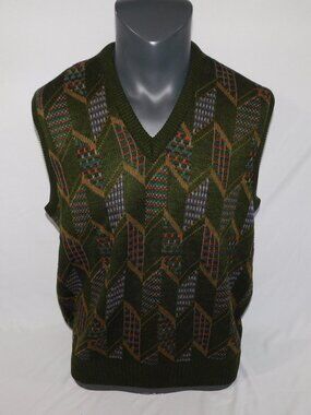 VTG  Sears The Mens Store V Neck Green Brown multicolor Sweater Vest Men XL 46